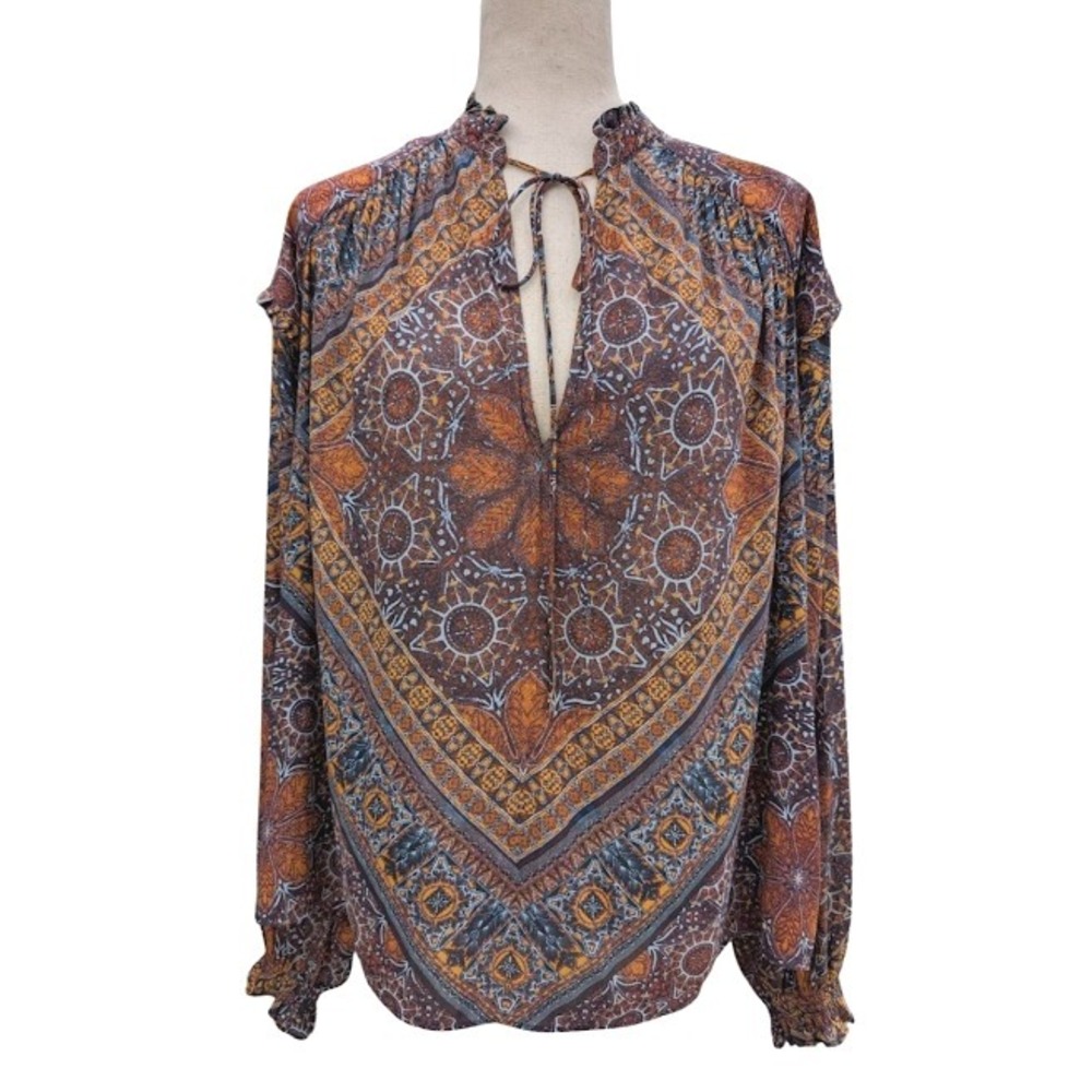 Free People Little Runaway‎ Boho Paisley Print Tie Neck Blouse Women's Size M